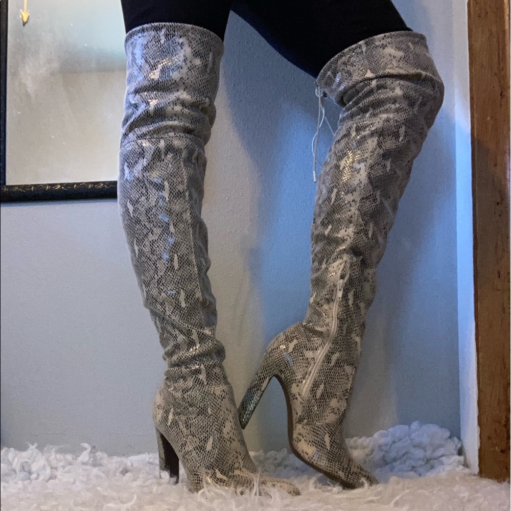 JustFab Snake Skin Knee High Boot Heels